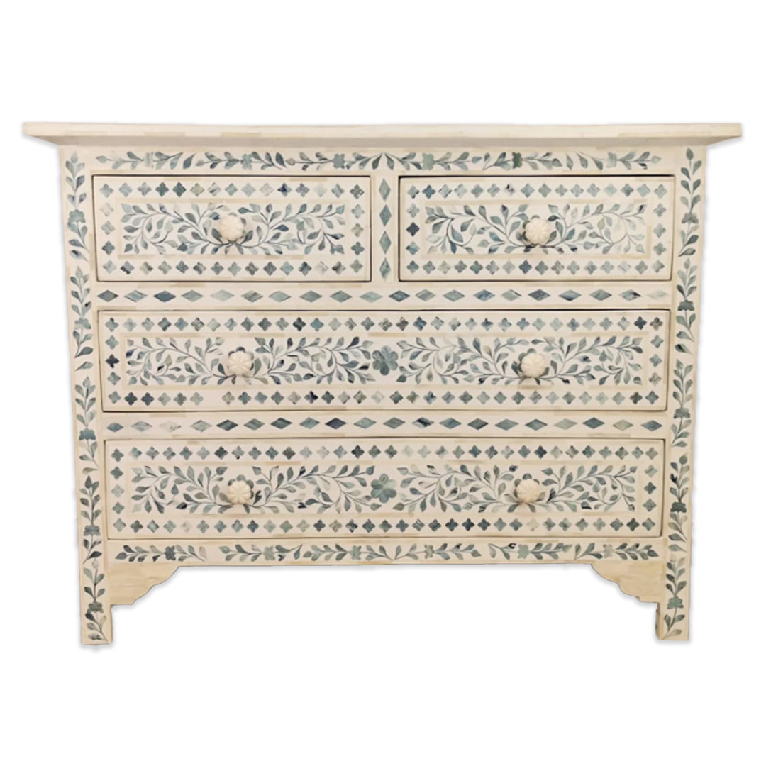Bone Inlay Chest Of 4 Drawers , Floral Pattern In White