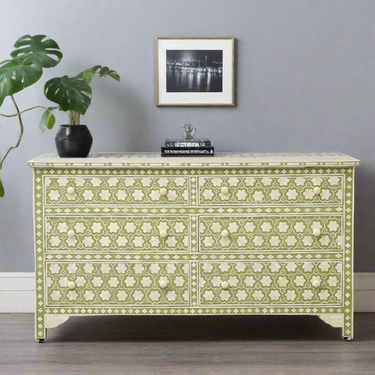 Handmade Bone Inlay Chest Of 6 Drawers- Green