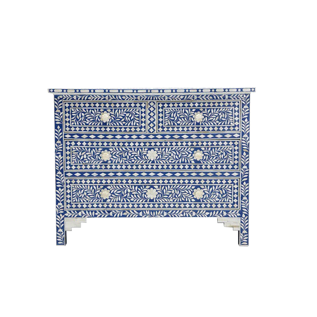 Bone Inlay Chest of 4 drawers, Floral Pattern In Blue