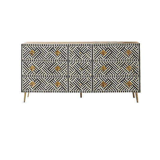 Bone Inlay Chest Of 9 Drawers Optical Pattern In Black