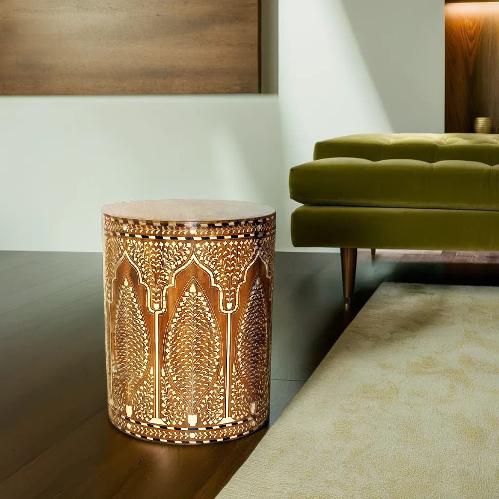 Teak Wood Bone Inlay Pattern Stool