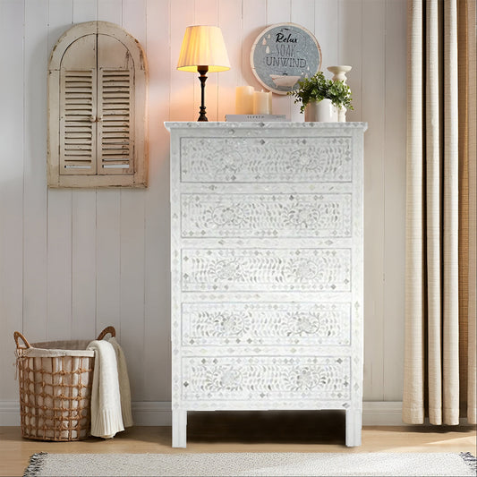 BEAUTIFUL HANDMADE MOTHER OF PEARL CHEST OF DRAWER/ Tall Boy Dresser - FLORAL( WHITE)