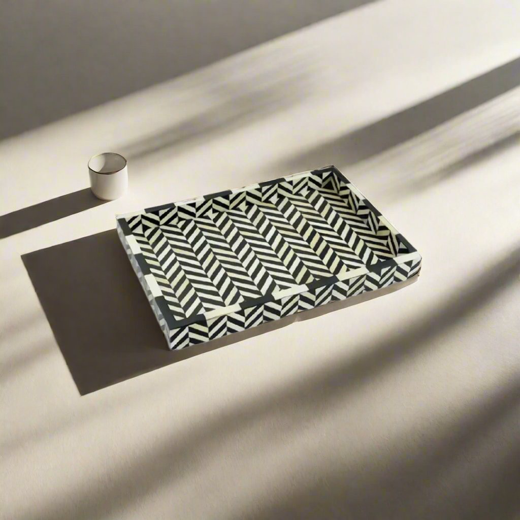 Bone Inlay Tray in Geometric Chevron Design - Black