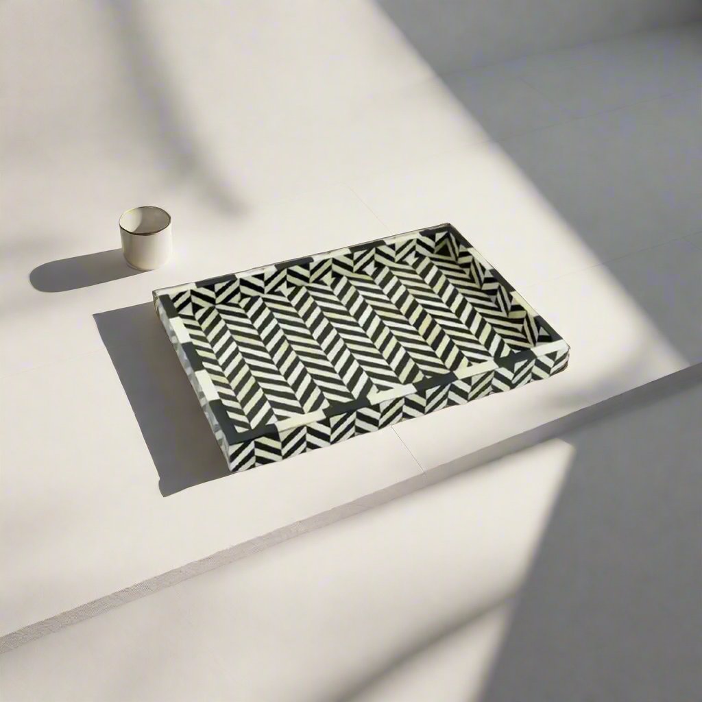 Bone Inlay Tray in Geometric Chevron Design - Black