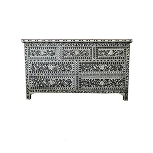 Bone Inlay Chest Of 7 Drawers, Floral Pattern In Black