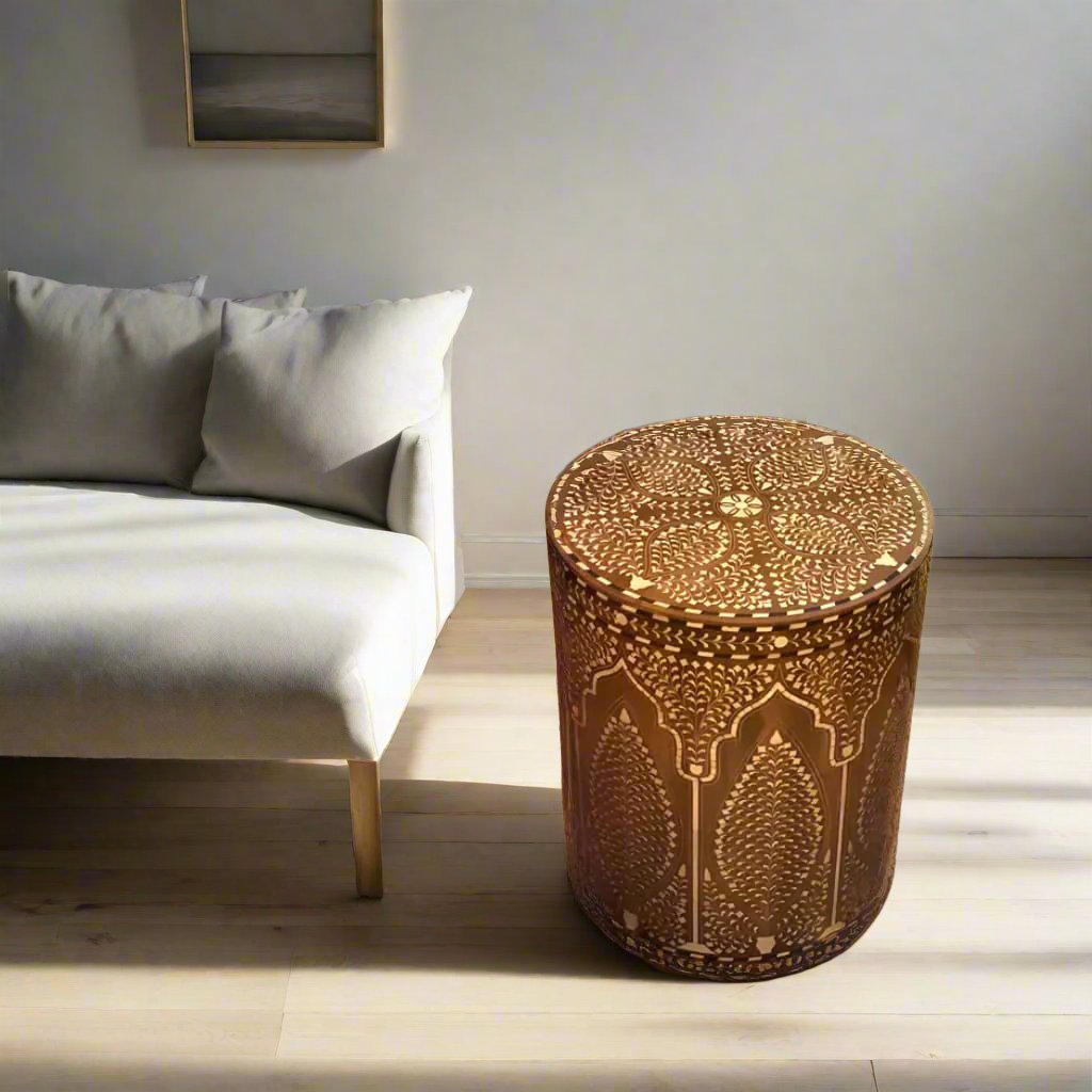 Teak Wood Bone Inlay Pattern Stool