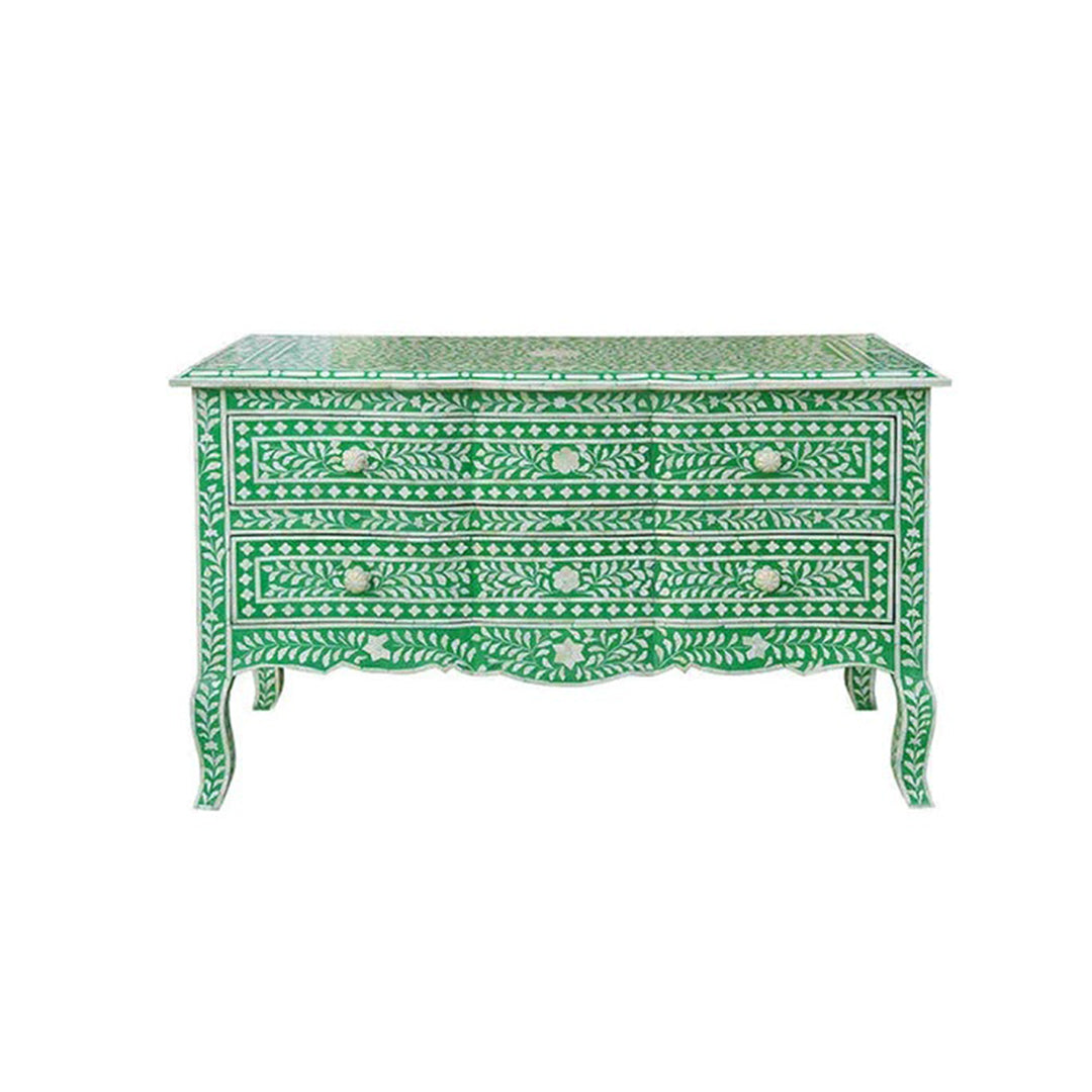 Bone Inlay Chest Of 2 Drawers, Floral Pattern In Green