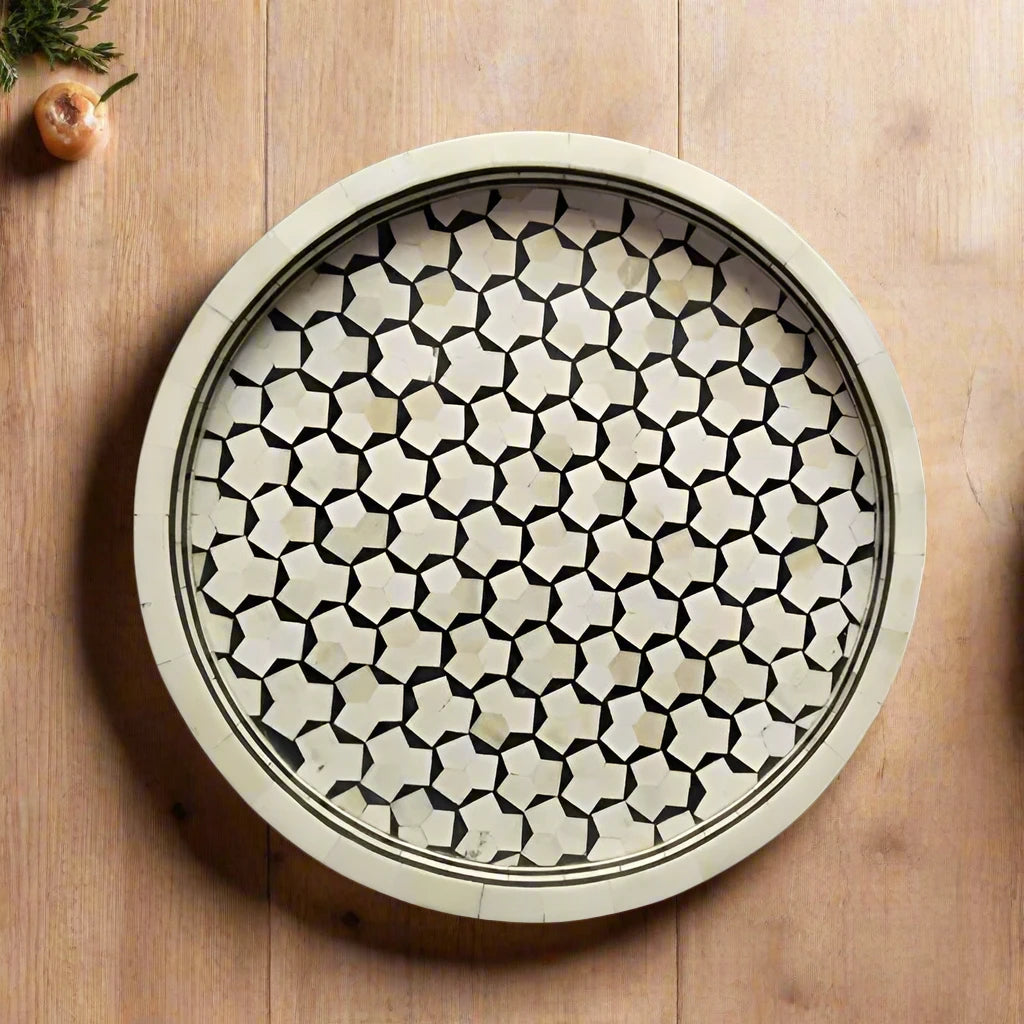 Handmade Bone Inlay Round Serving Tray Best For Home And Office