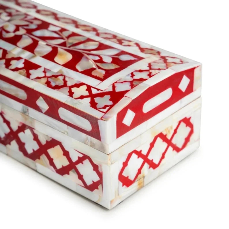 Handmade Mother of Pearl Inlay Jewelry Box, Storage Box in Geometric pattern Red and White