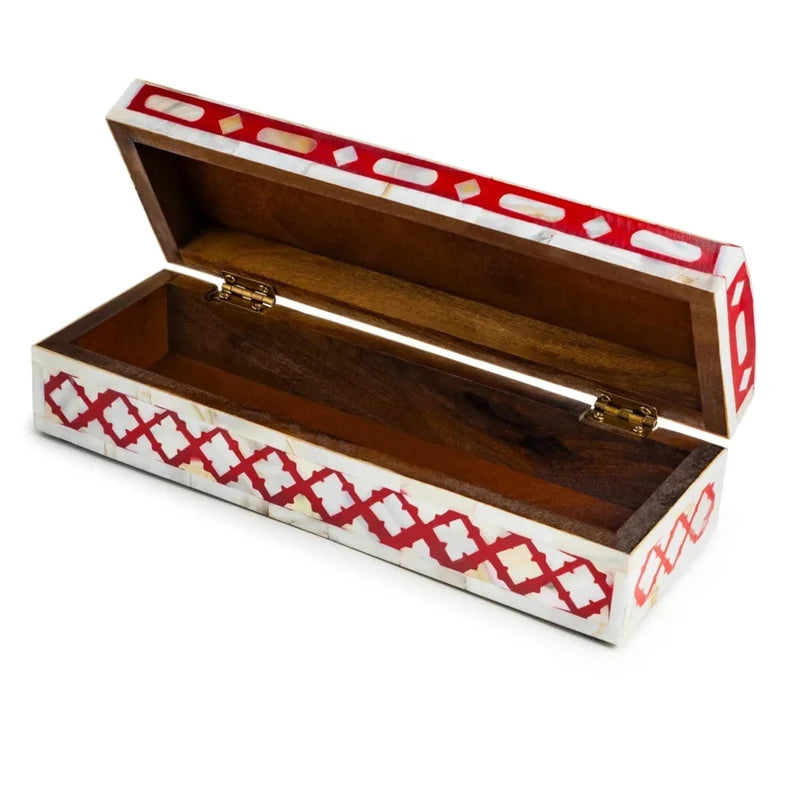 Handmade Mother of Pearl Inlay Jewelry Box, Storage Box in Geometric pattern Red and White