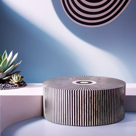 Geometric Striped Black Bone Inlay Round Coffee Table