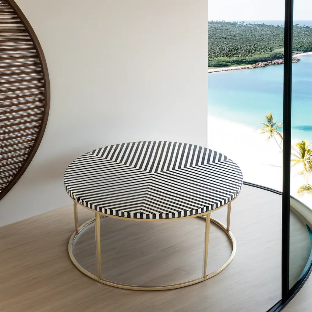 Geometric Black and White Striped Round Bone Inlay Coffee Table