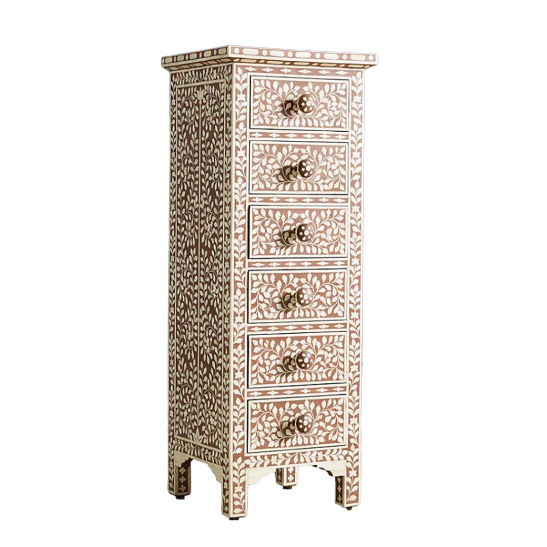 Bone Inlay Chest Of 6 Drawers Tall Boy In Floral Pattern Brown Color