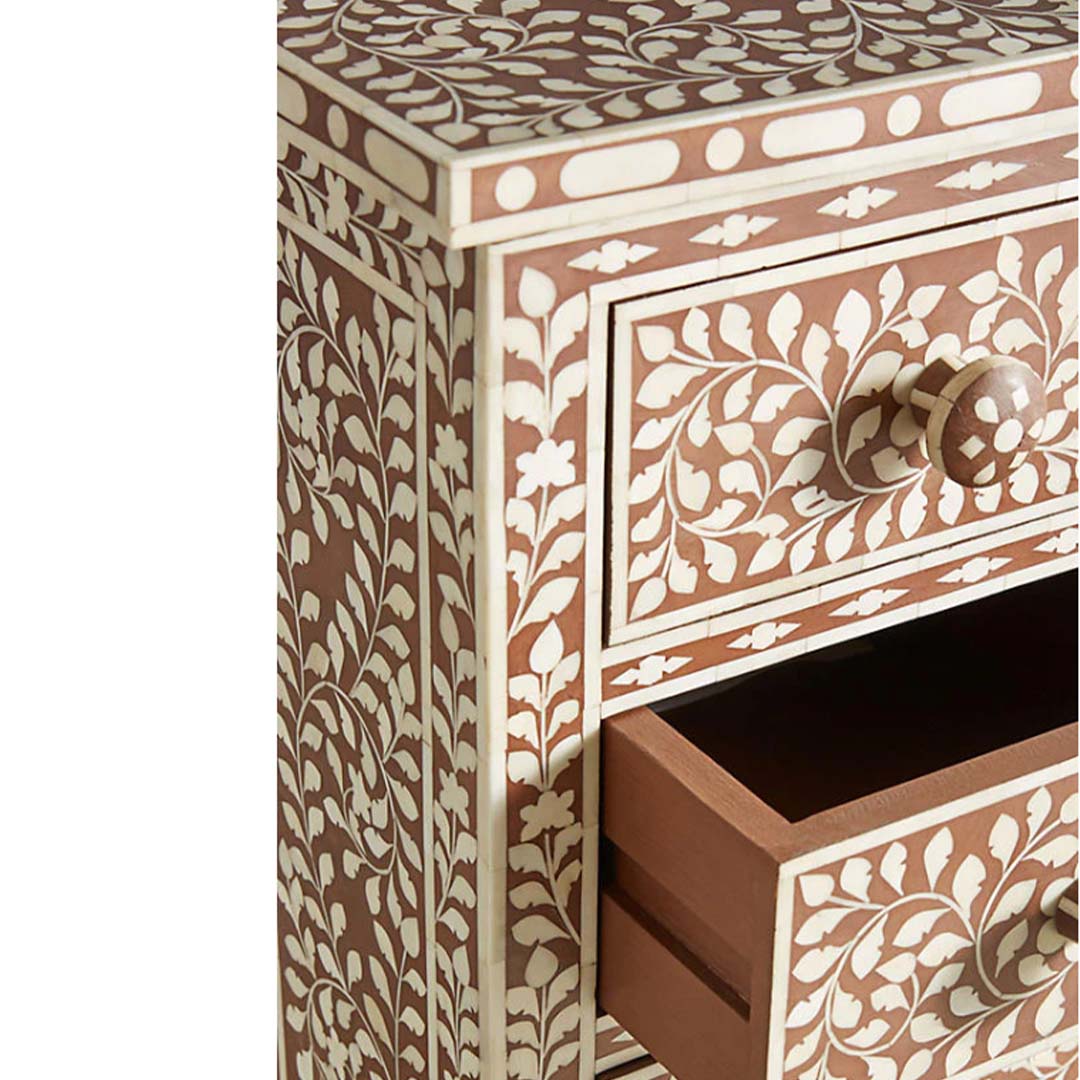 Bone Inlay Chest Of 6 Drawers Tall Boy In Floral Pattern Brown Color