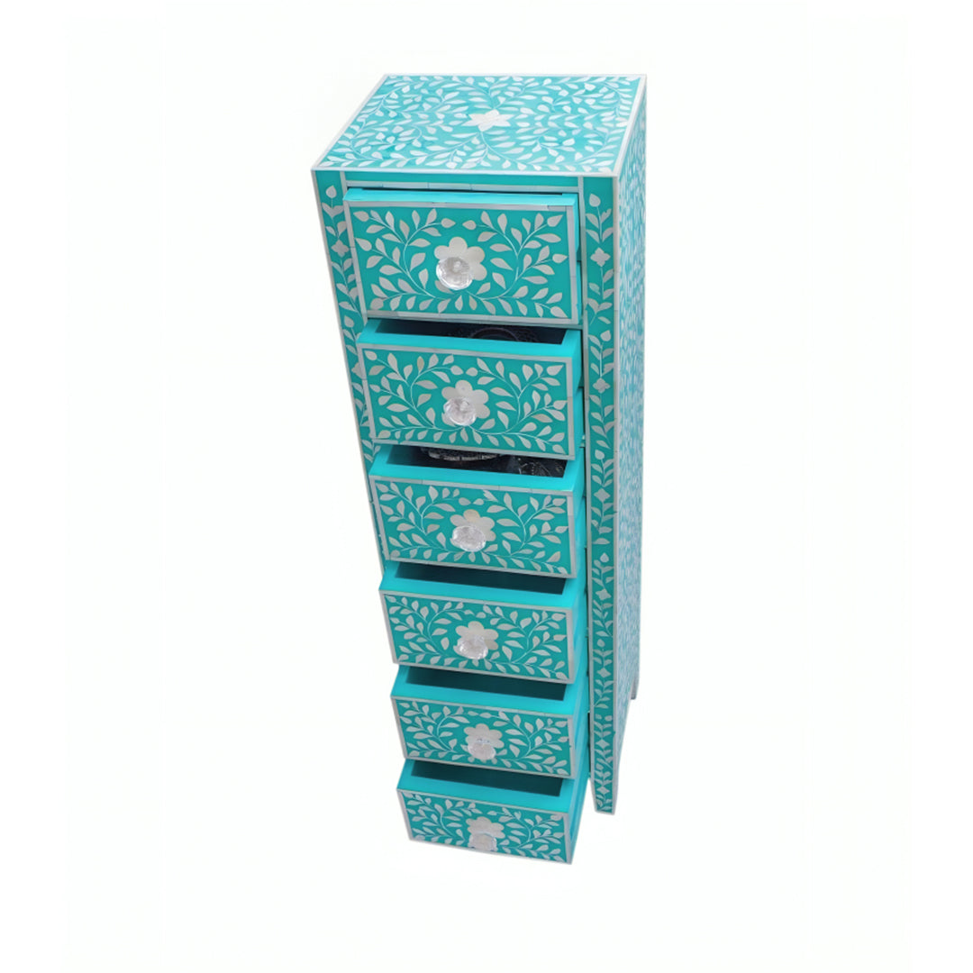 Bone Inlay Chest Of 6 Drawers Tall Boy In Teal Green Color