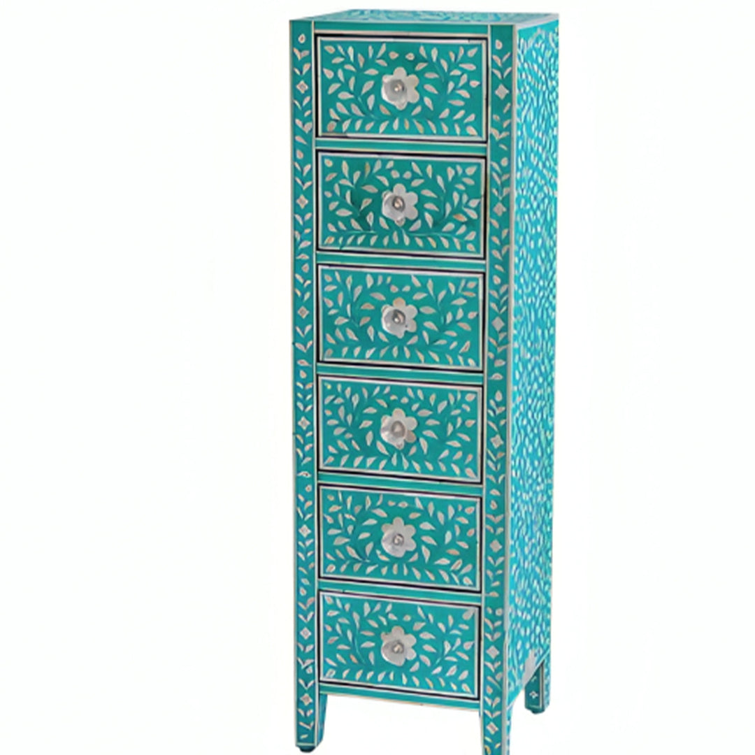 Bone Inlay Chest Of 6 Drawers Tall Boy In Teal Green Color