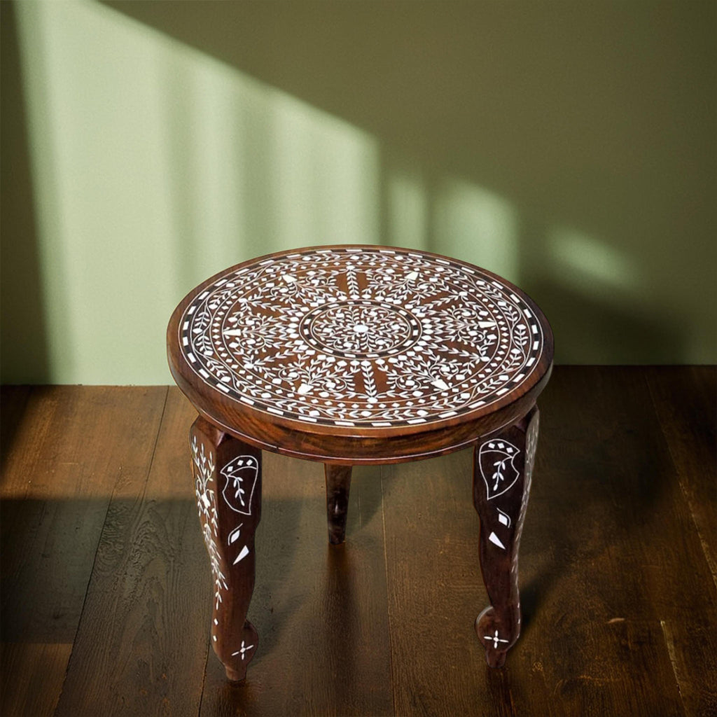 handmade Teak Wood Bone Inlay Pattern Stool