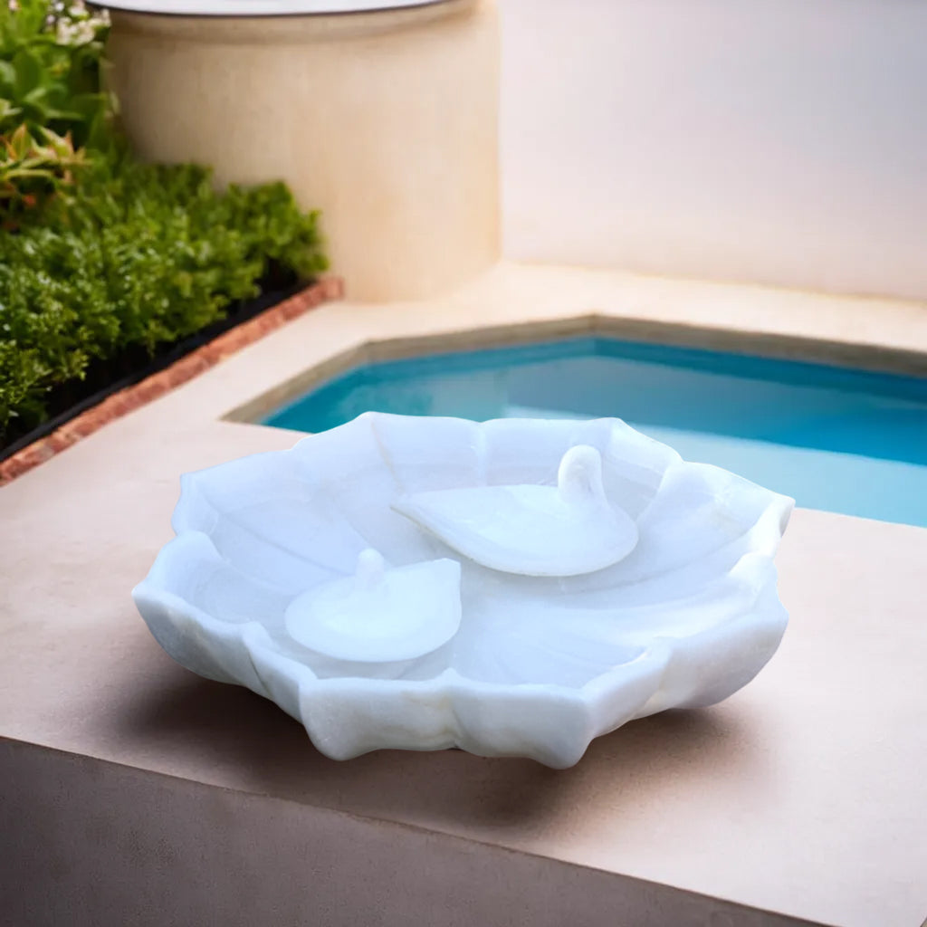 Decorative White Marble Bowl with Two Floating Ducks – Unique Decorative Home Accent