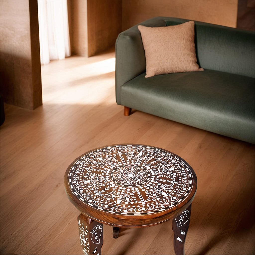 handmade Teak Wood Bone Inlay Pattern Stool