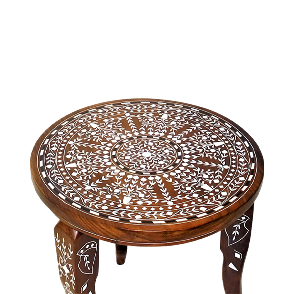 handmade Teak Wood Bone Inlay Pattern Stool