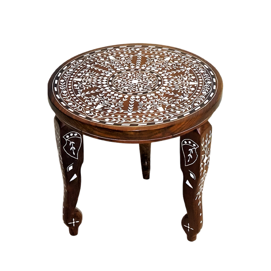 handmade Teak Wood Bone Inlay Pattern Stool