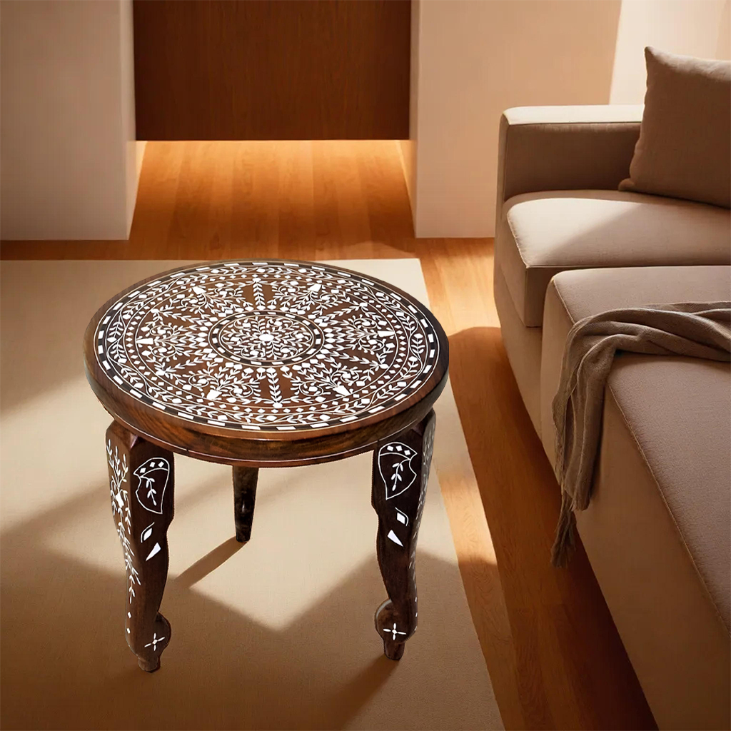 handmade Teak Wood Bone Inlay Pattern Stool