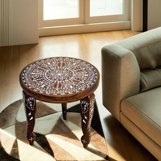 handmade Teak Wood Bone Inlay Pattern Stool