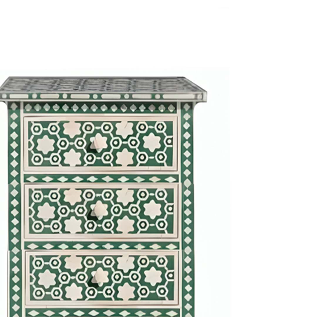 Bone Inlay Chest Of 6 Drawers Tall Boy In Floral Pattern Green Color
