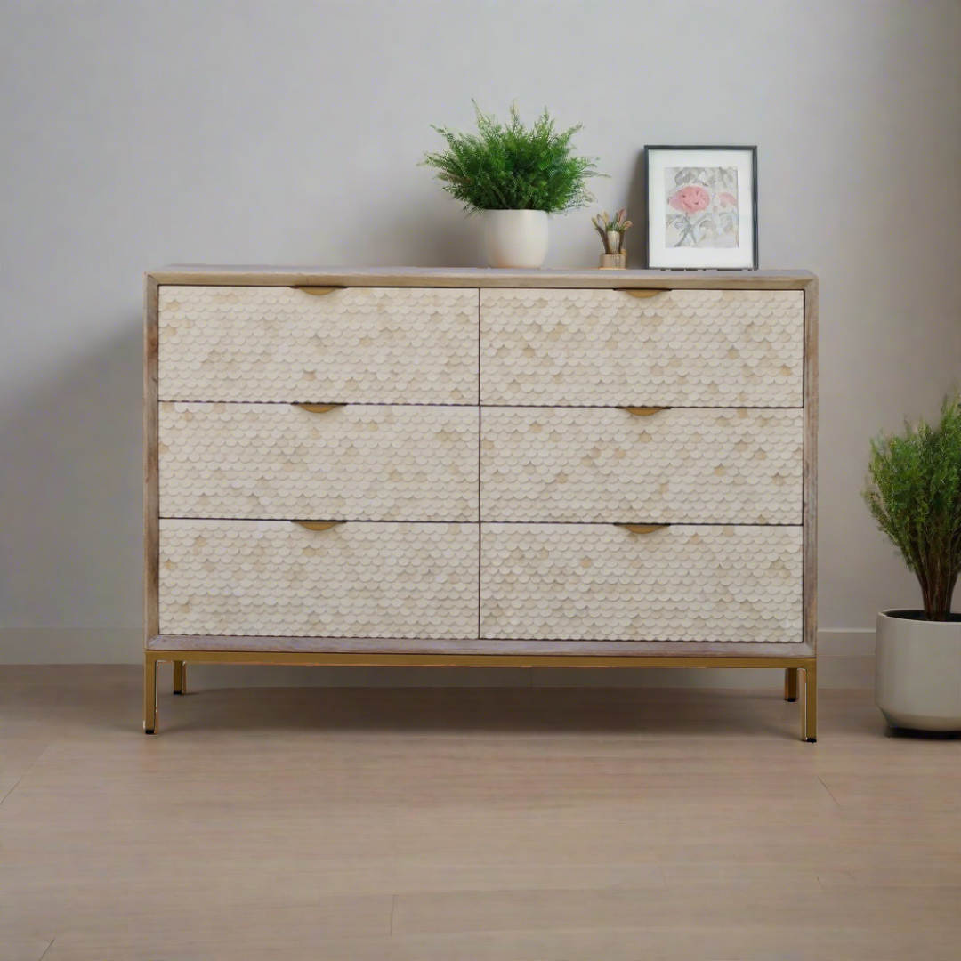 Bone Inlay Chest Of 6 Drawers, Fish Scale Pattern In White
