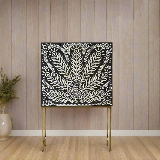 Customized Handmade Bone Inlay Peacock Pattern Bar Cabinet