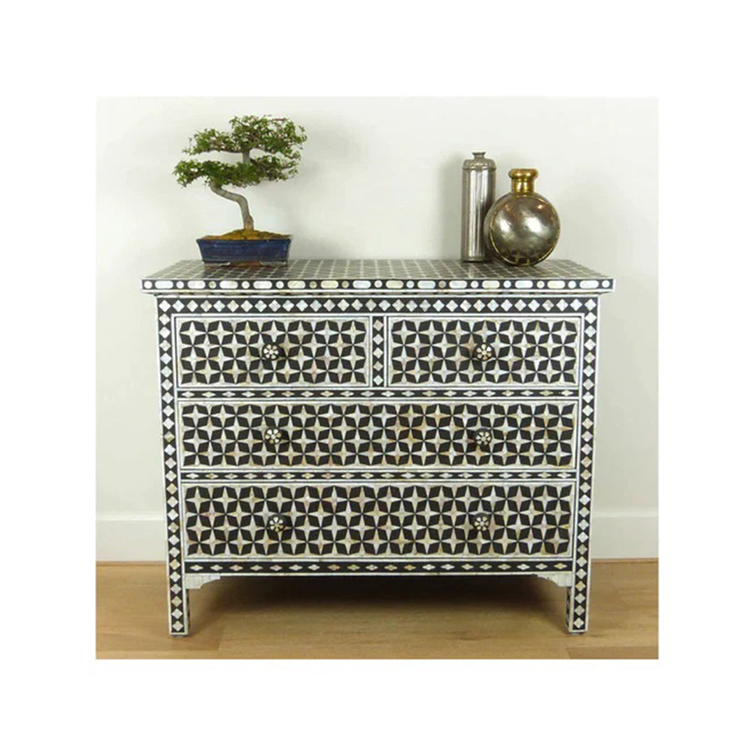 Handmade Black mother of pearl inlay vintage chest of four drawers for home