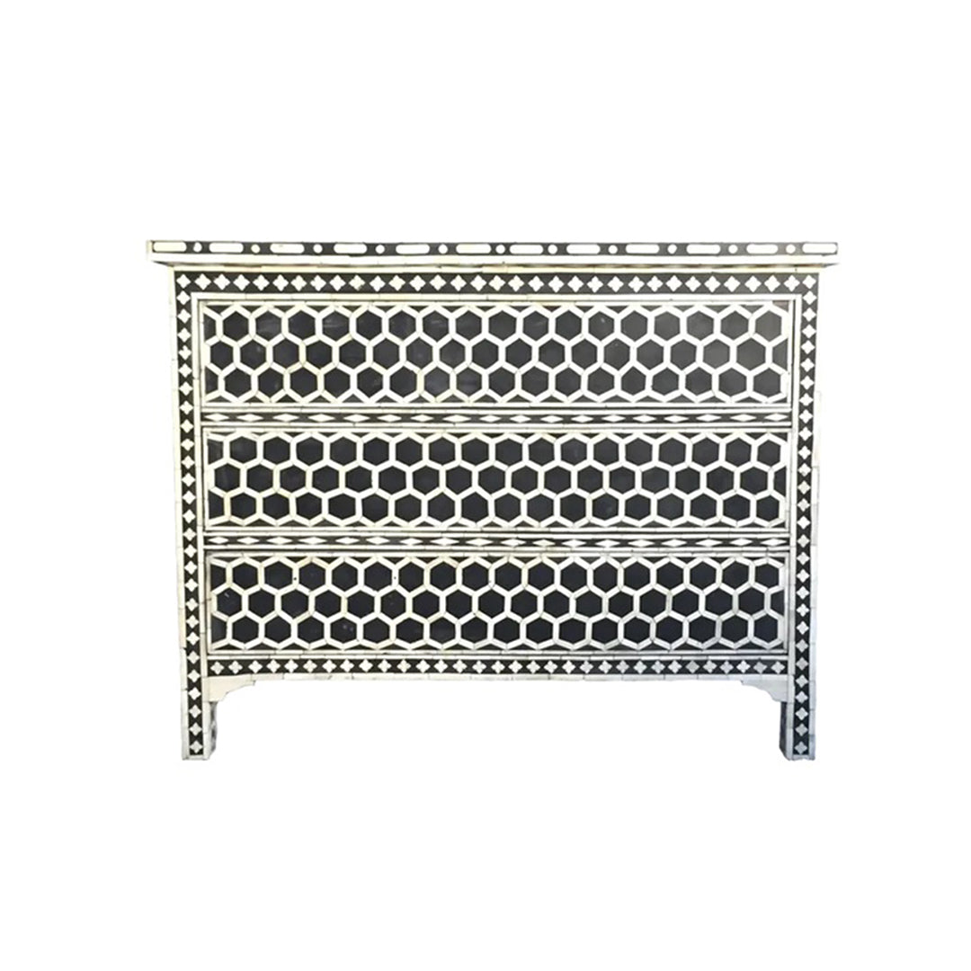 Bone Inlay Chest Of 3 Drawers, Honeycomb Pattern In Black