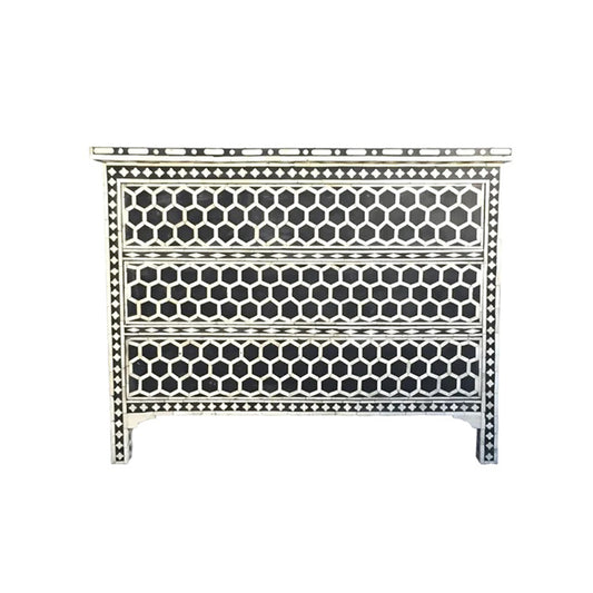 Bone Inlay Chest Of 3 Drawers, Honeycomb Pattern In Black