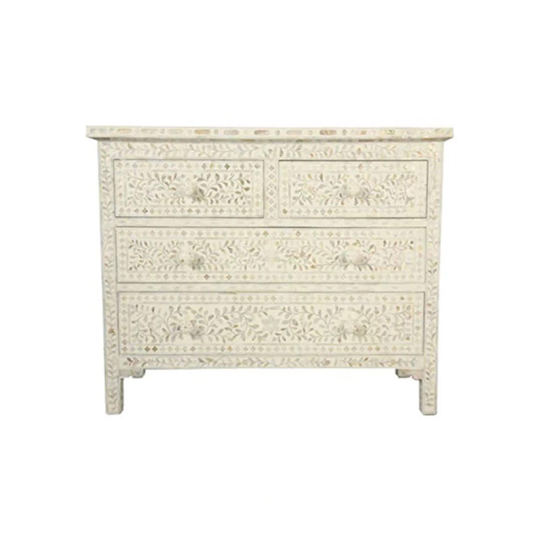 Mother Of Pearl Inlay Floral Design Chest of 4 Drawers in White Color