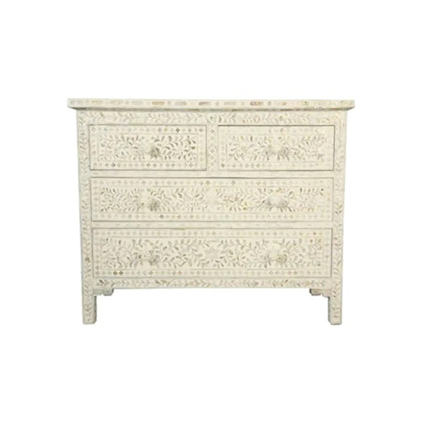 Mother Of Pearl Inlay Floral Design Chest of 4 Drawers in White Color