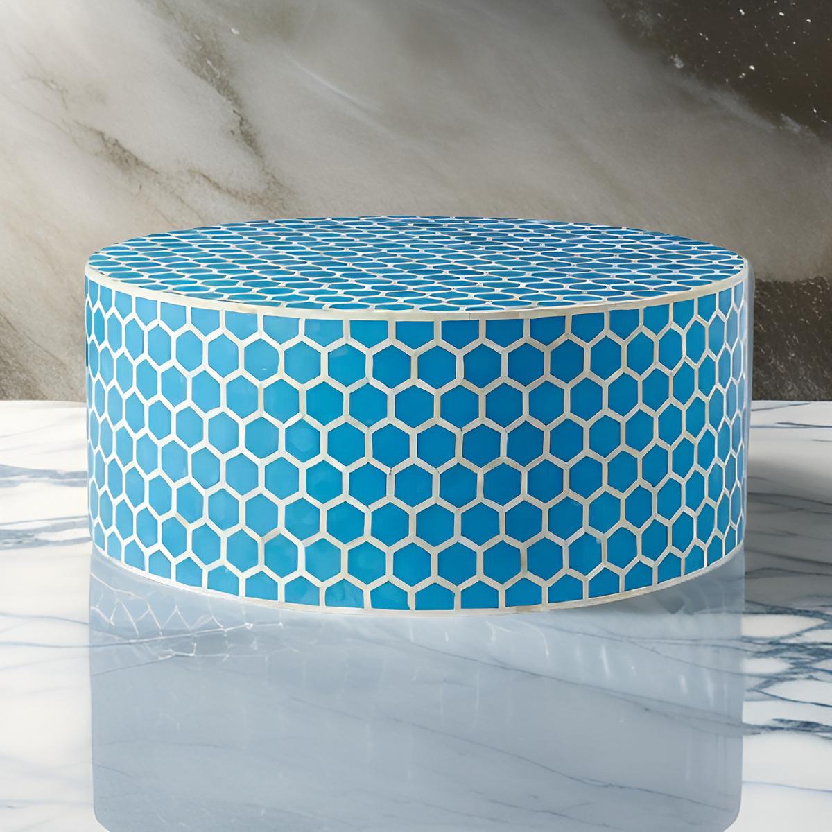 Geometric Honeycomb Pattern Bone Inlay Round Coffee Table - Blue