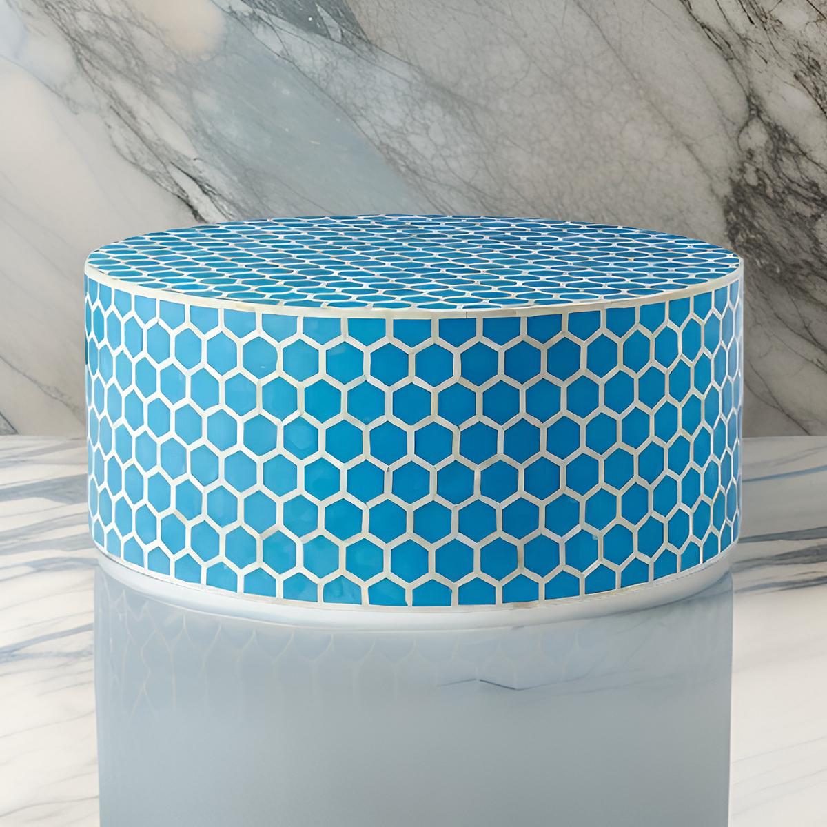 Geometric Honeycomb Pattern Bone Inlay Round Coffee Table - Blue