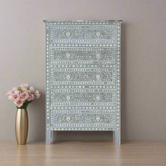 BEAUTIFUL HANDMADE MOTHER OF PEARL CHEST OF DRAWER/ Tall Boy Dresser - FLORAL( GREY)