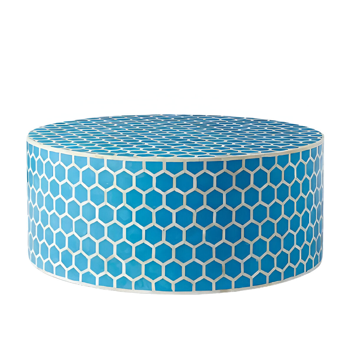 Geometric Honeycomb Pattern Bone Inlay Round Coffee Table - Blue