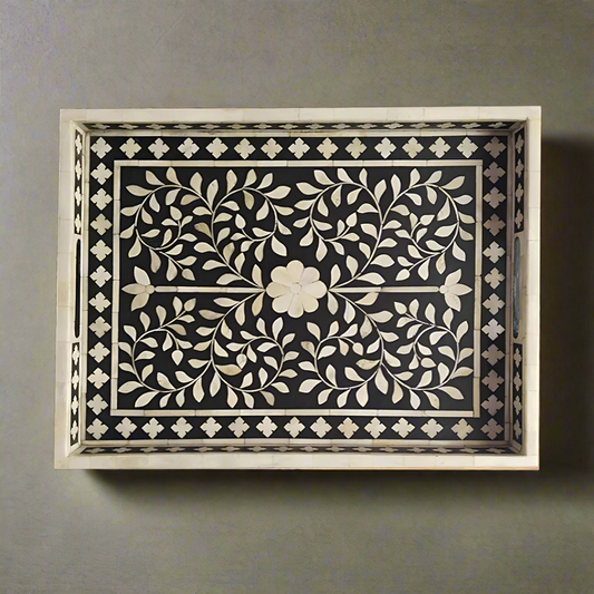 Bone Inlay Tray in Floral Design - Black