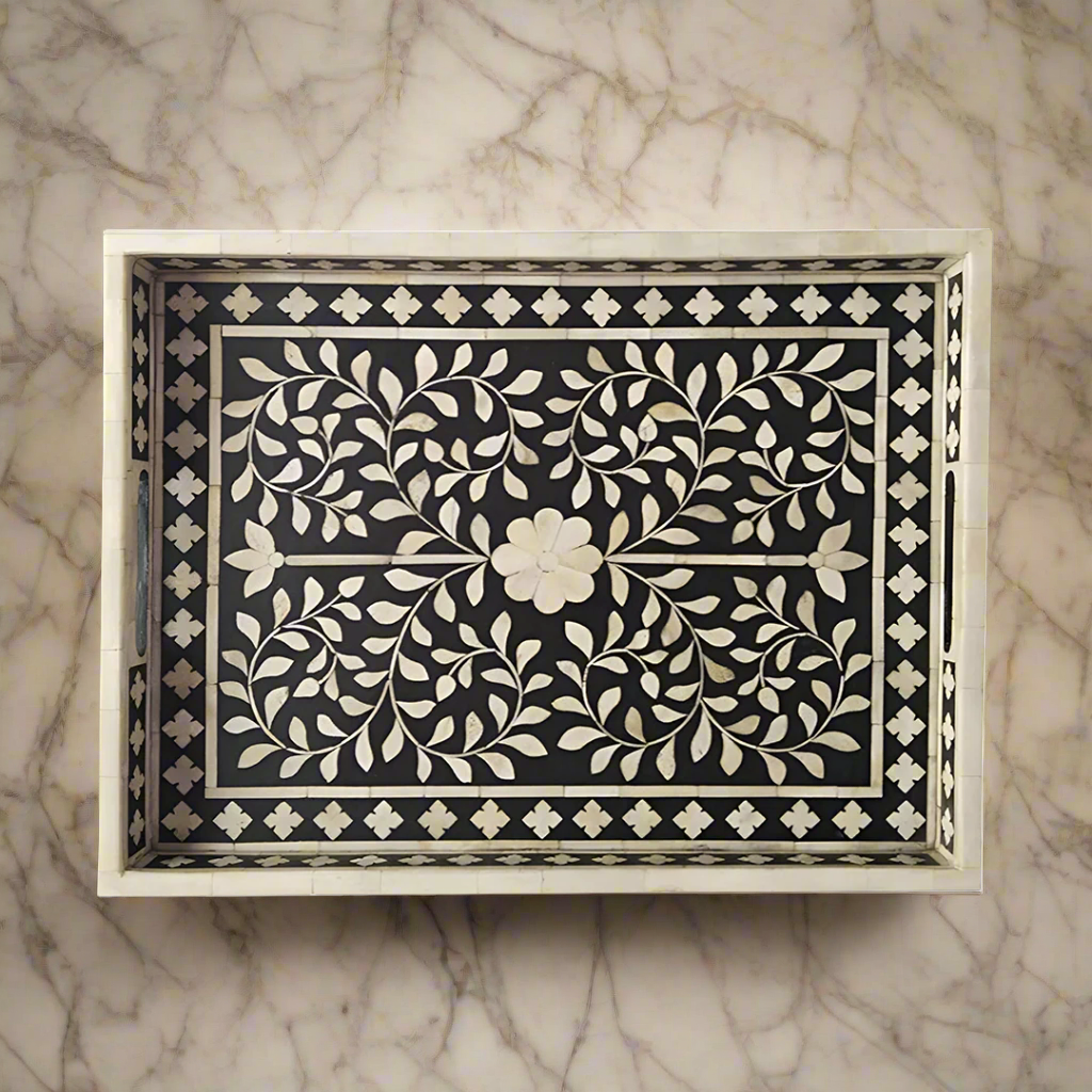 Bone Inlay Tray in Floral Design - Black