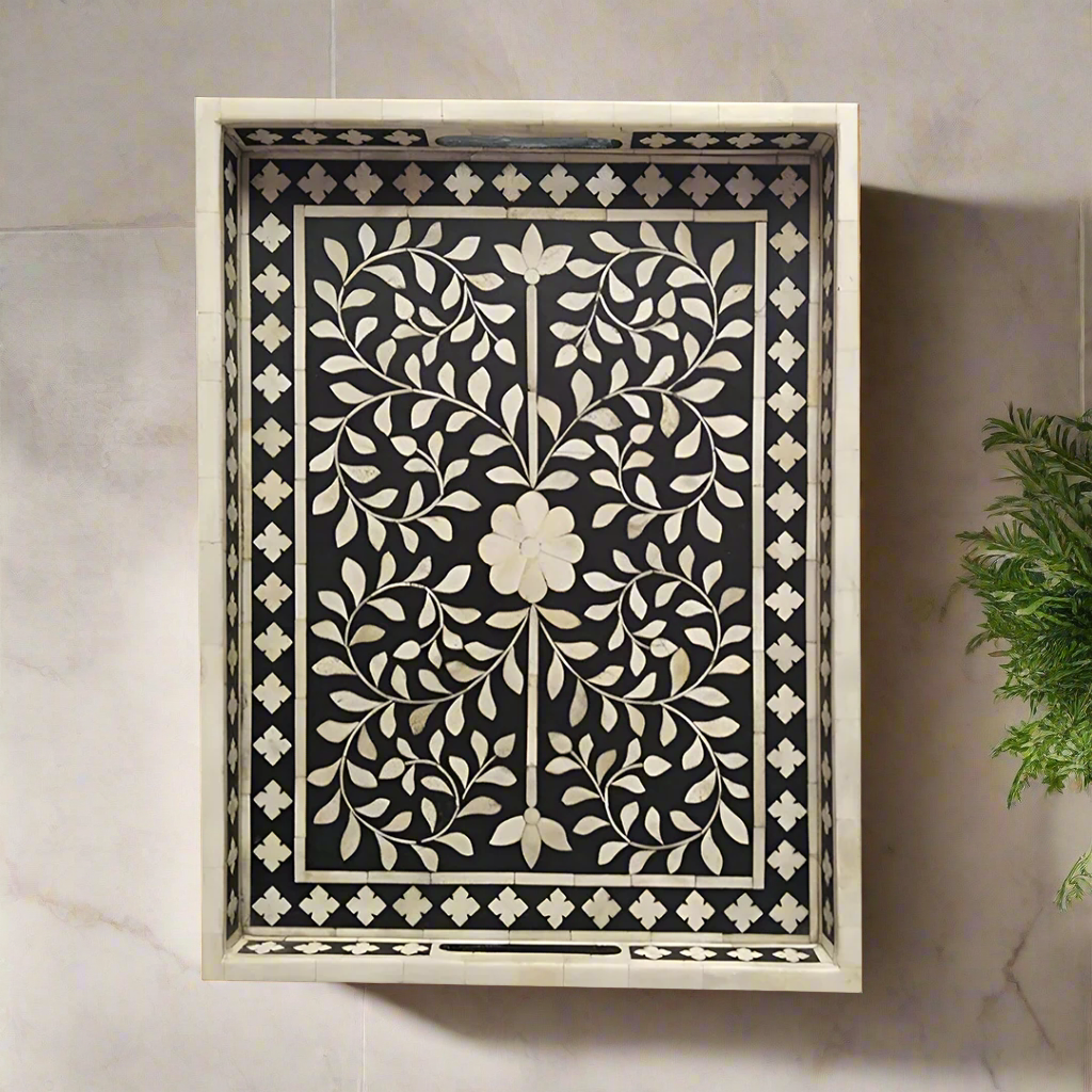 Bone Inlay Tray in Floral Design - Black