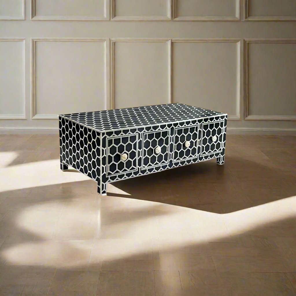 Bone Inlay Geometric Honeycomb Pattern Coffee Table