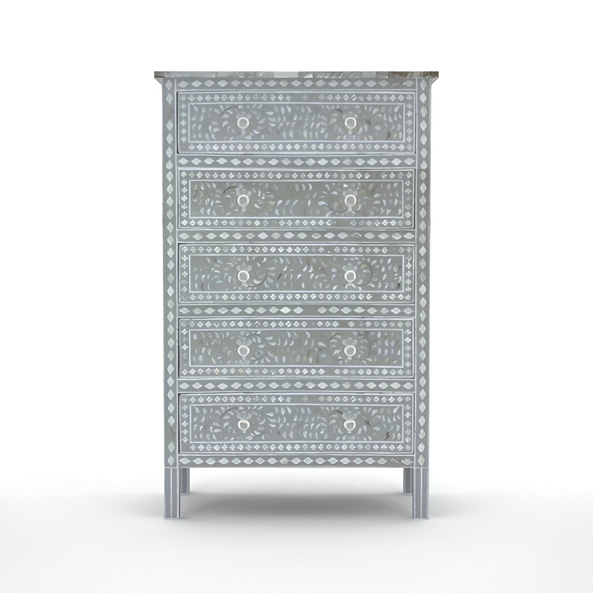 BEAUTIFUL HANDMADE MOTHER OF PEARL CHEST OF DRAWER/ Tall Boy Dresser - FLORAL( GREY)