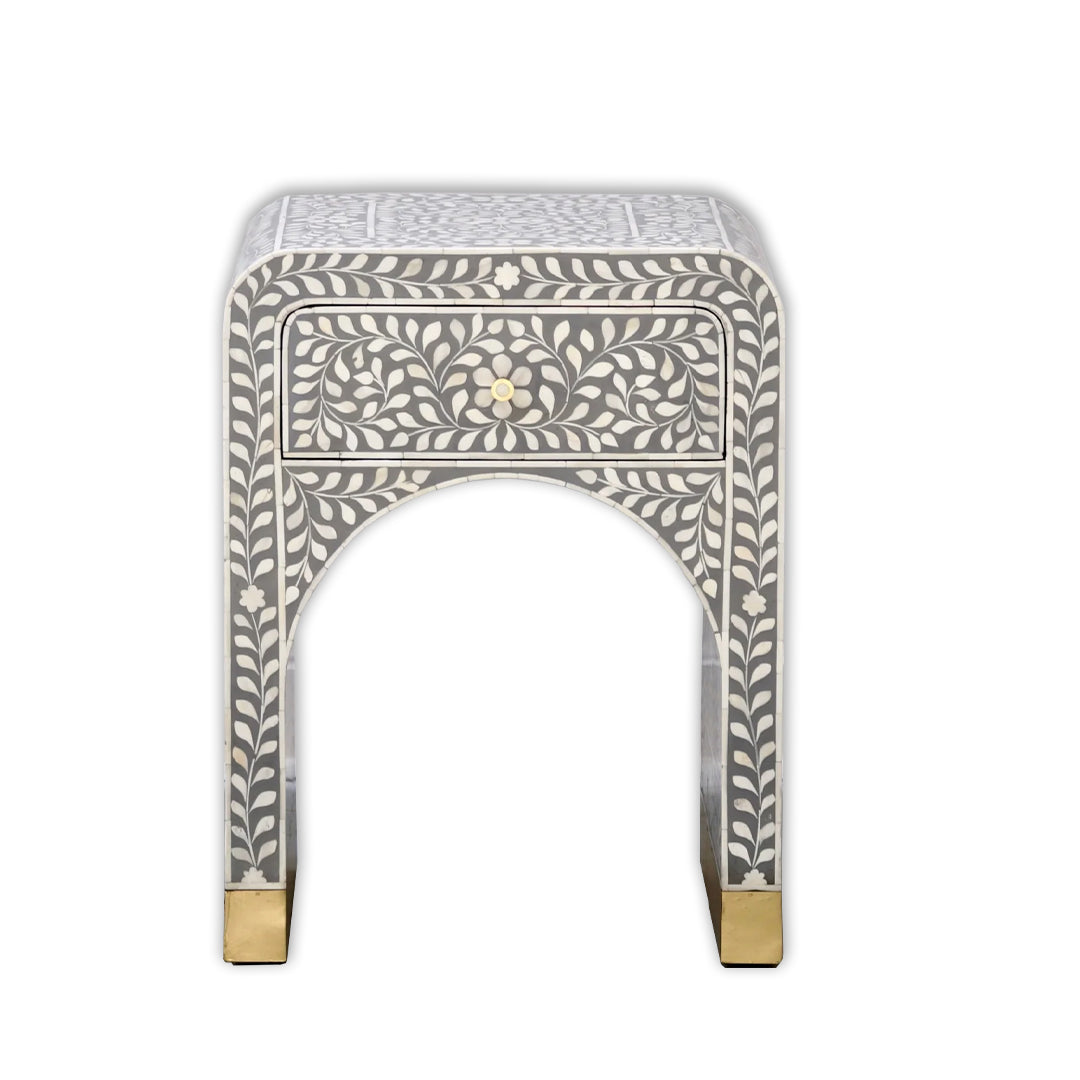 Bone Inlay Curved Bedside Table -  Floral