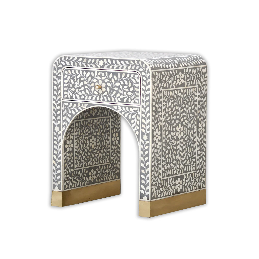 Bone Inlay Curved Bedside Table -  Floral