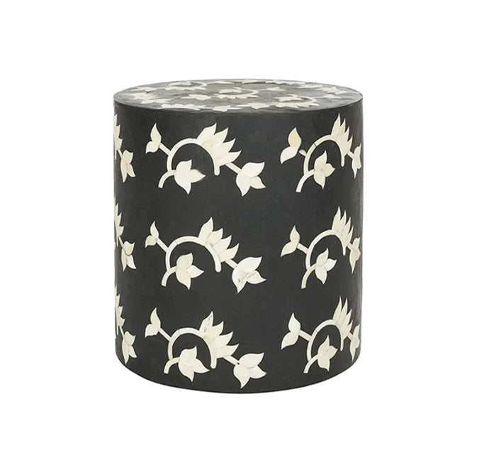 Black bone inlay Floral Round vintage antique stool for home office living decor
