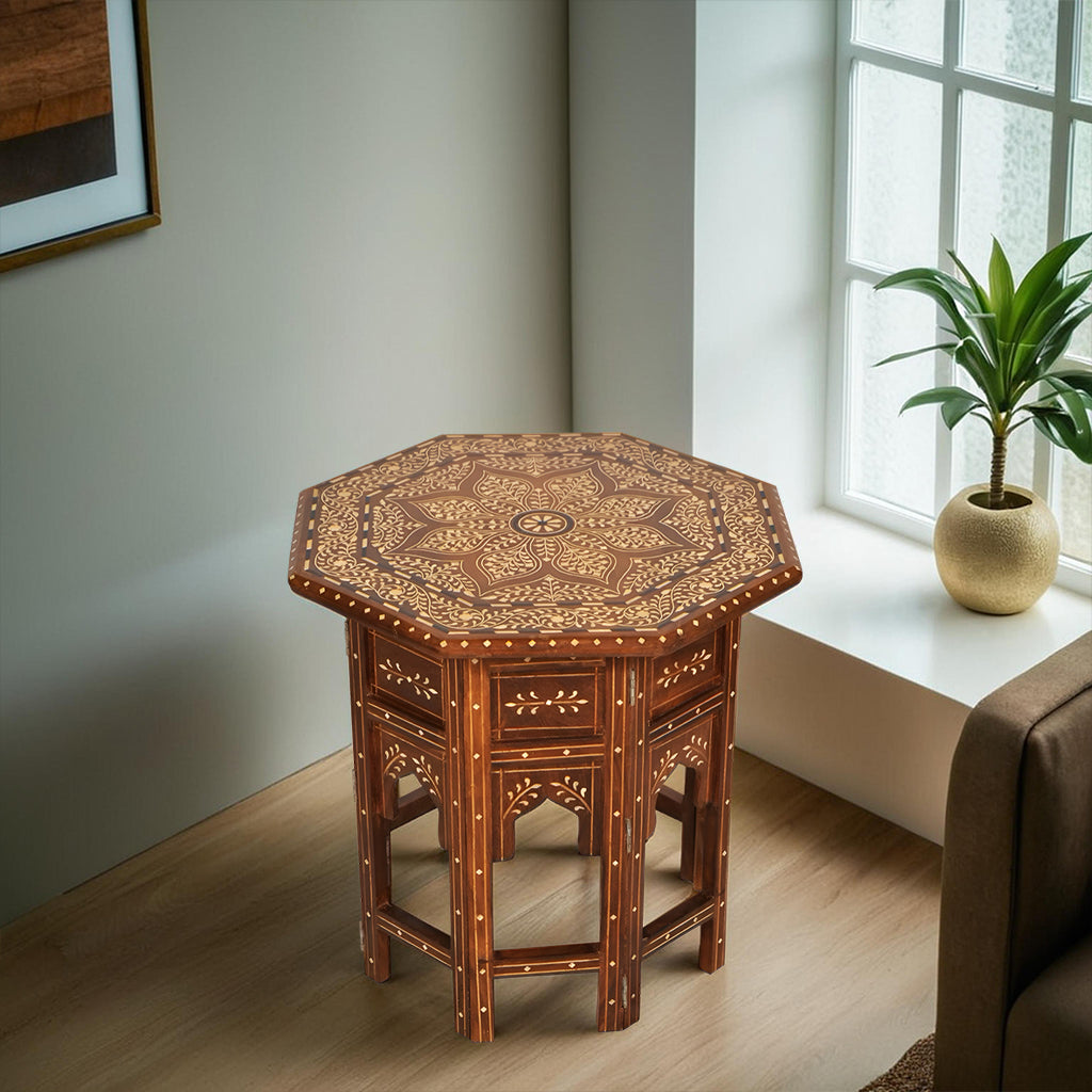 handmade Teak Wood Bone Inlay Pattern Stool