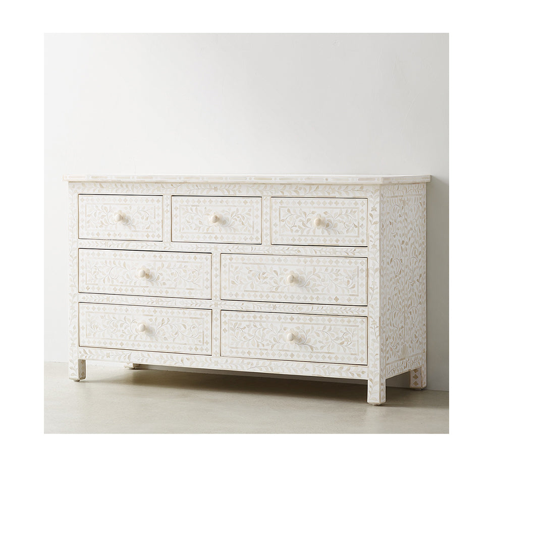 Bone Inlay Chest Of 7 Drawers, Floral Pattern In White