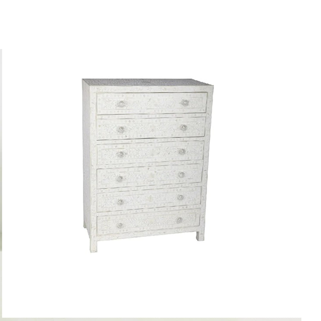 Bone Inlay Chest Of 6 Drawers, Floral Pattern In White